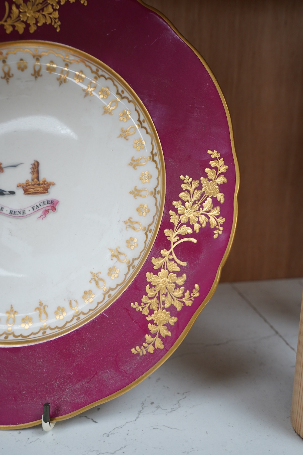 A pair of French armorial plates, Daniell London, 26cm in diameter. Condition - good, some minor wear